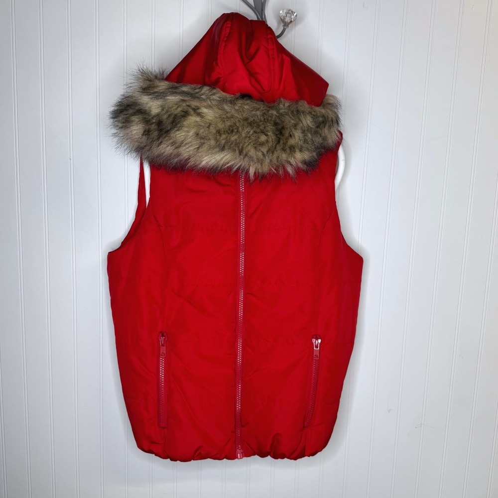 Liz Claiborne Red Puffer Vest Sz Large Removable Faux Fur Trim Hood Sleeveless